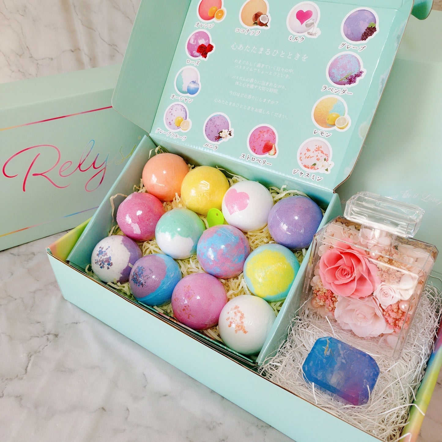 Relysia®バスボム 宝石石鹸 プリザーブドフラワー ギフトBOX3点セット
